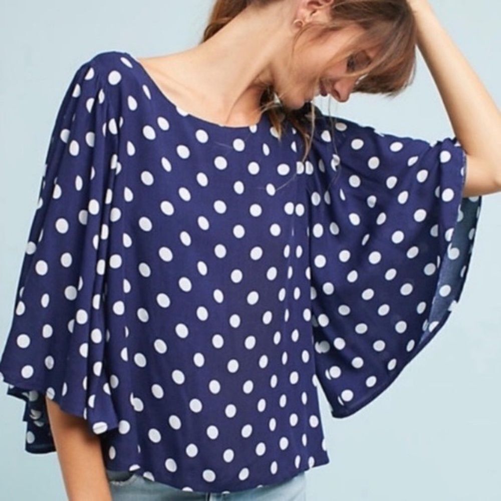 Anthropologie Isla Maude Navy/White Polka Dot Top Sz S
